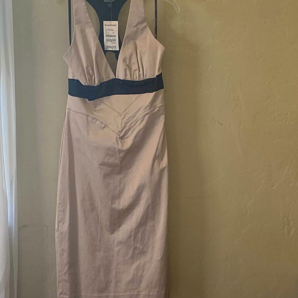 BEBE Satin Cocktail Dress Small S T-Back Evening Party Black Beige Bandage Dress